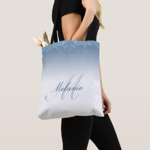 blue glitter monogrammed tote bag