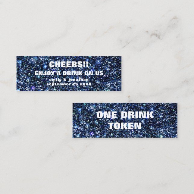 Blue Glitter Names Date Wedding Drink Ticket (Front/Back)