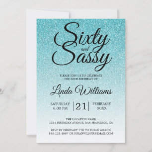 Blue Glitter Ombre 60 and Sassy 60th Birthday Invitation