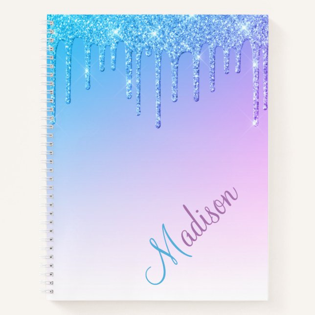 Blue Glitter Ombré Glam Sparkles Name Notebook (Front)