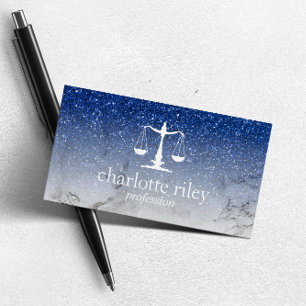 Blue  Glitter Ombre Justice Scale Attorney Lawyer Business Card