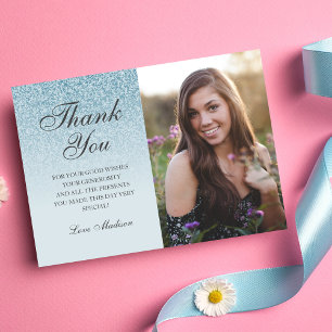 Blue glitter ombre photo thank you Sweet 16 Card