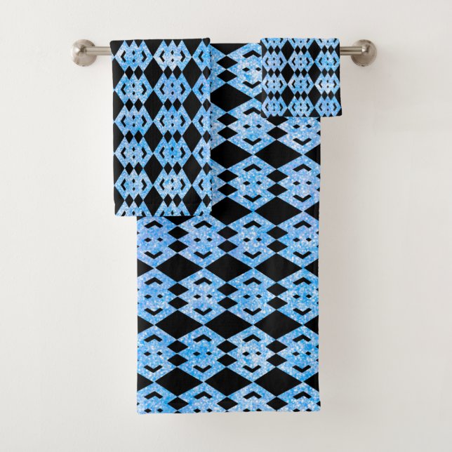 Blue Glitter Overlap Diamond Pattern Bath Towel Set (Insitu)