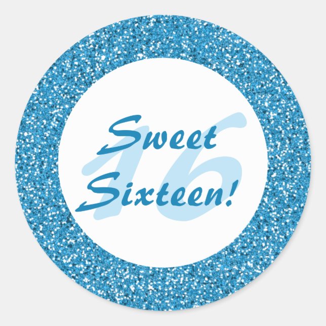 Blue Glitter Pattern Look-like Sweet Sixteen Classic Round Sticker (Front)