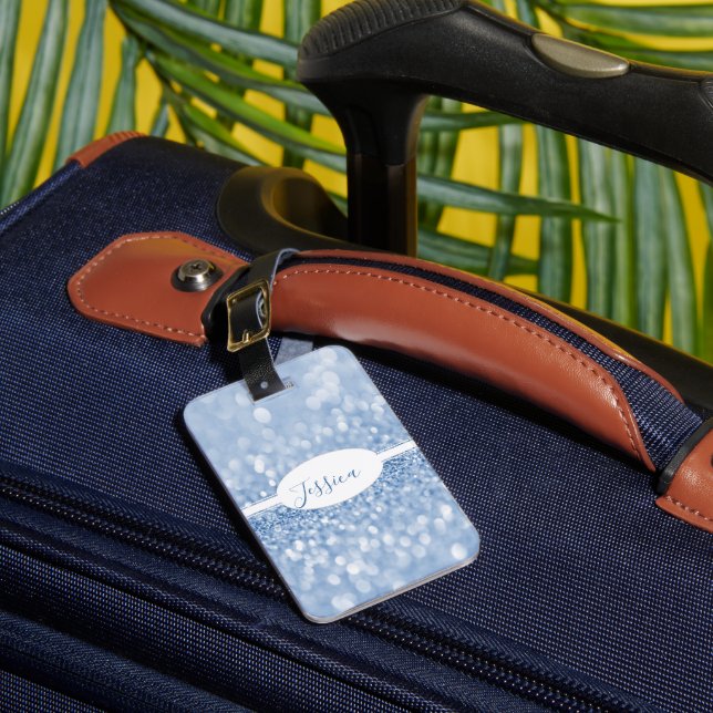 Blue Glitter Personalise Luggage Tag (Front Insitu 1)