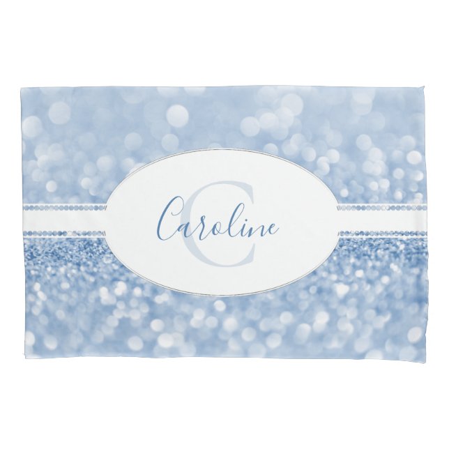 Blue Glitter Personalise Pillow Case (Front)