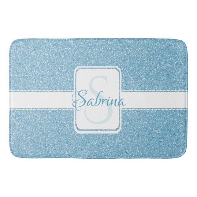 Blue Glitter Personalised Bath Mat (Front)
