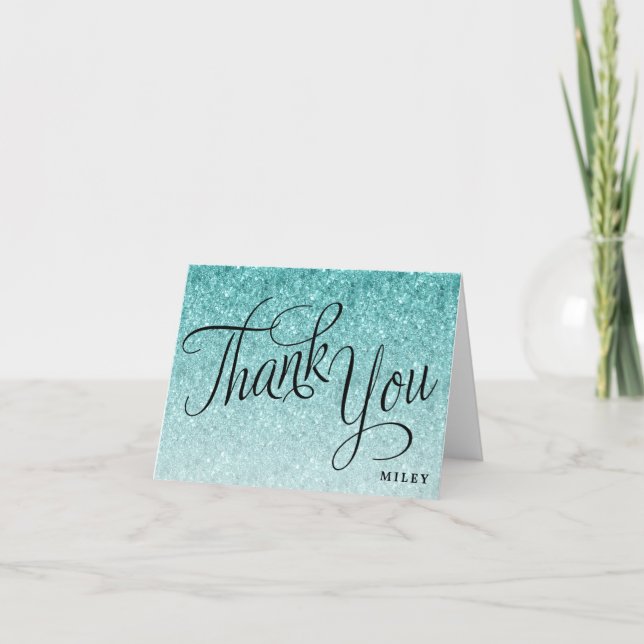 Blue Glitter Personalised Fancy Script Thank You Card (Front)