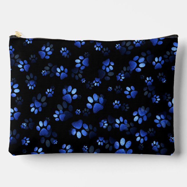 Blue Glitter Pet Paw print on black background Accessory Pouch (Front)