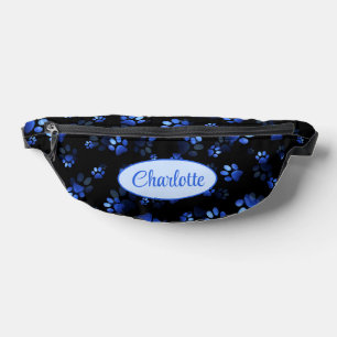 Blue Glitter Pet Paw print on black background Bum Bags