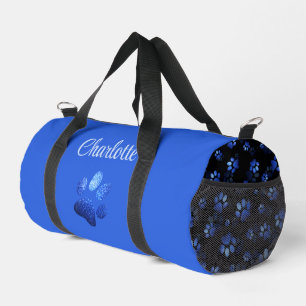 Blue Glitter Pet Paw print on black background Duffle Bag