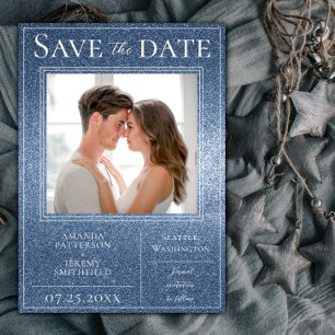 Blue Glitter Photo Save the Date