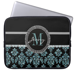 Blue Glitter Printed, Black Damask Personalised Laptop Sleeve