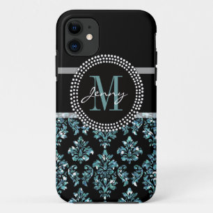 Blue Glitter Printed, Black Damask Personalized Case-Mate iPhone Case