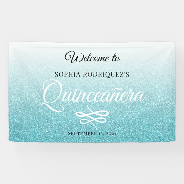 Blue Glitter Quinceañera 15th Birthday Welcome Banner (Horizontal)
