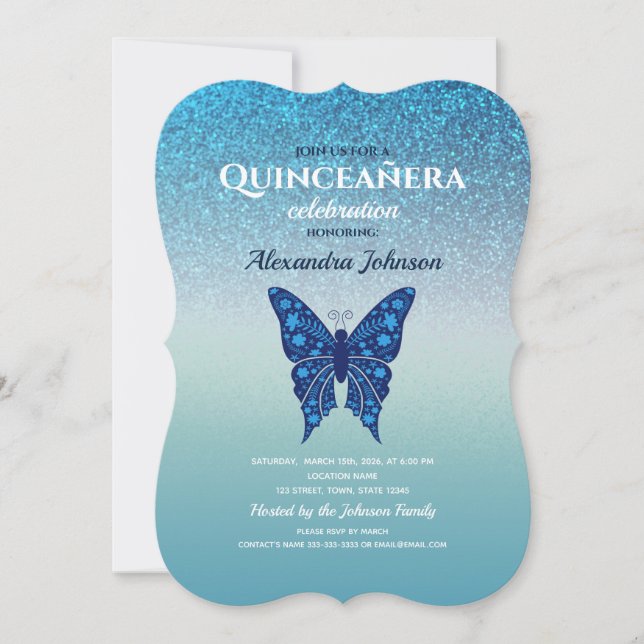 Blue Glitter Quinceañera Butterfly Invitation (Front)