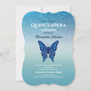 Blue Glitter Quinceañera Butterfly Invitation