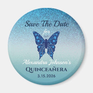 Blue Glitter Quinceañera Save the Date Magnet