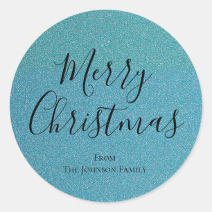 Blue Glitter Script Merry Christmas Holiday Classic Round Sticker