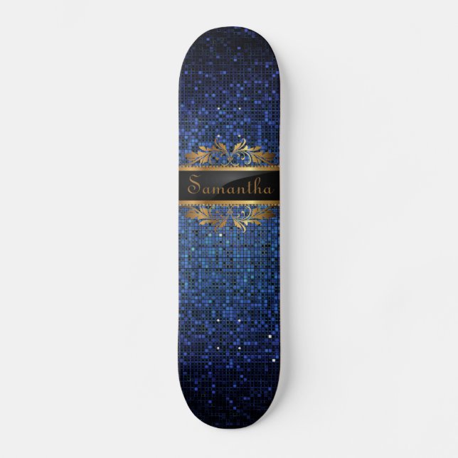 Blue Glitter Sequin Disco Glitz Comp Skateboard (Front)