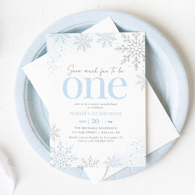 Blue Glitter Snowflake 1st Birthday Invitation (Creator Uploaded)