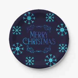 Blue Glitter Snowflakes Paper Plate