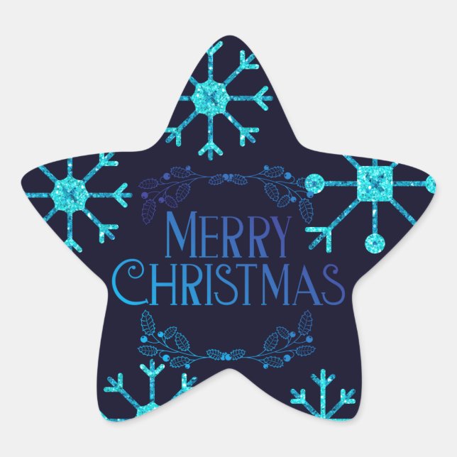 Blue Glitter Snowflakes Star Sticker (Front)
