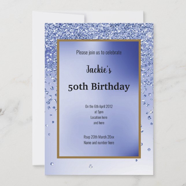 Blue Glitter Sparkle Elegant 50th Birthday Invitation (Front)