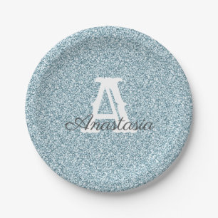 Blue Glitter & Sparkle Monogram Paper Plate