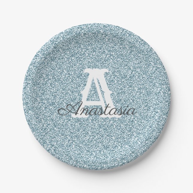 Blue Glitter & Sparkle Monogram Paper Plate (Front)