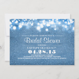 blue glitter & string lights bridal shower invitation