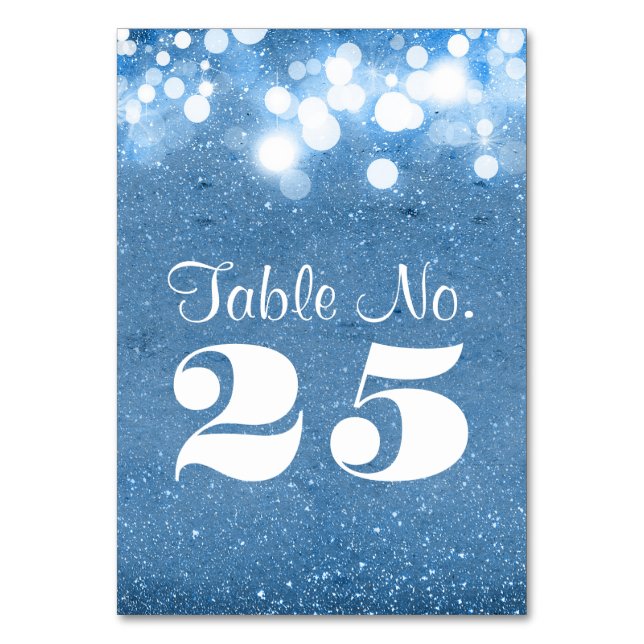 blue glitter string lights table number card (Front)
