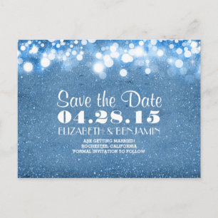 blue glitter string of lights save the date announcement postcard