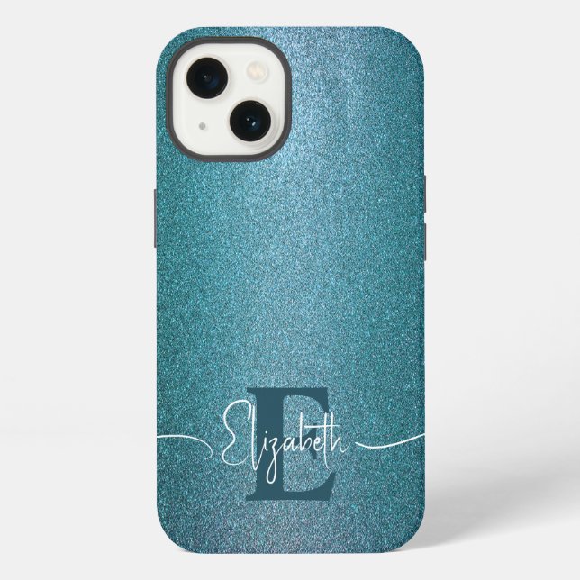 Blue glitter Stylish trendy chic Monogrammed iPhone Case (Back)