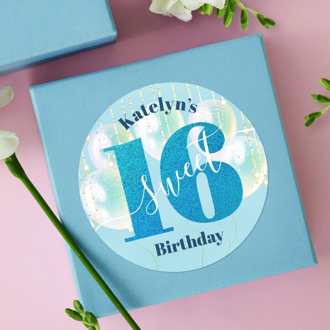 Blue Glitter Sweet 16 Birthday Balloons Script Classic Round Sticker (Creator Uploaded)