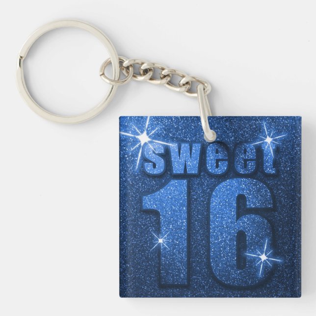 Blue Glitter Sweet 16 Birthday Keychain (Front)