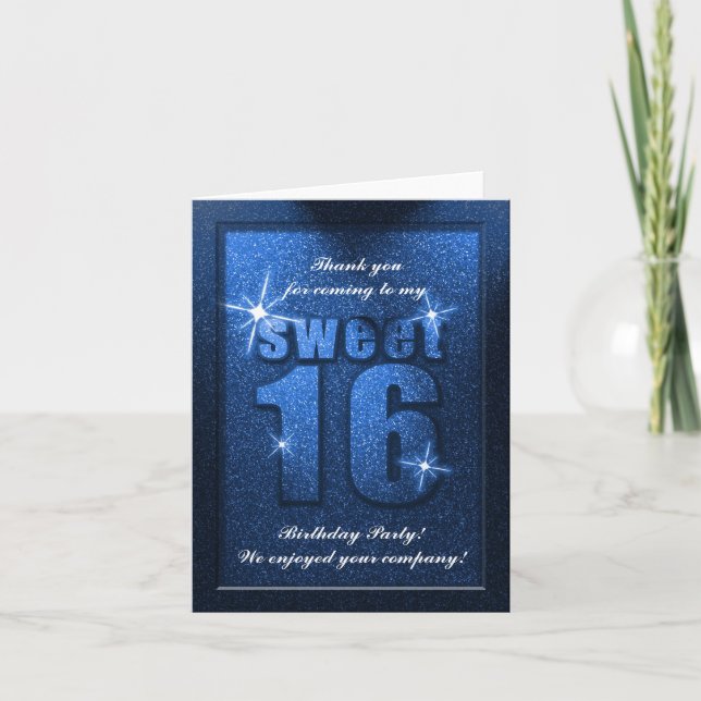 Blue Glitter Sweet 16 Birthday Thank You Card (Front)