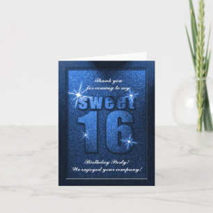 Blue Glitter Sweet 16 Birthday Thank You Card