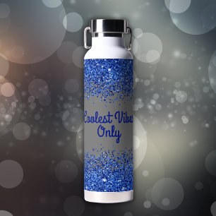 Blue Glitter & Text on Grey- Coolest Vibes Only   Water Bottle