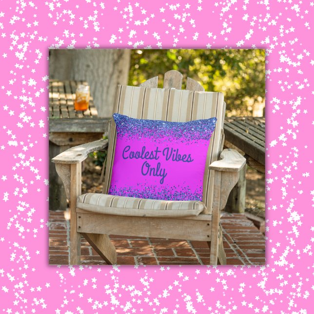Blue Glitter & Text on Pink- Coolest Vibes Only | Cushion (Creator Uploaded)