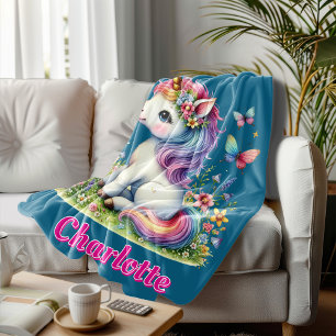 Blue Glitter unicorn meadow wildflowers  Fleece Blanket