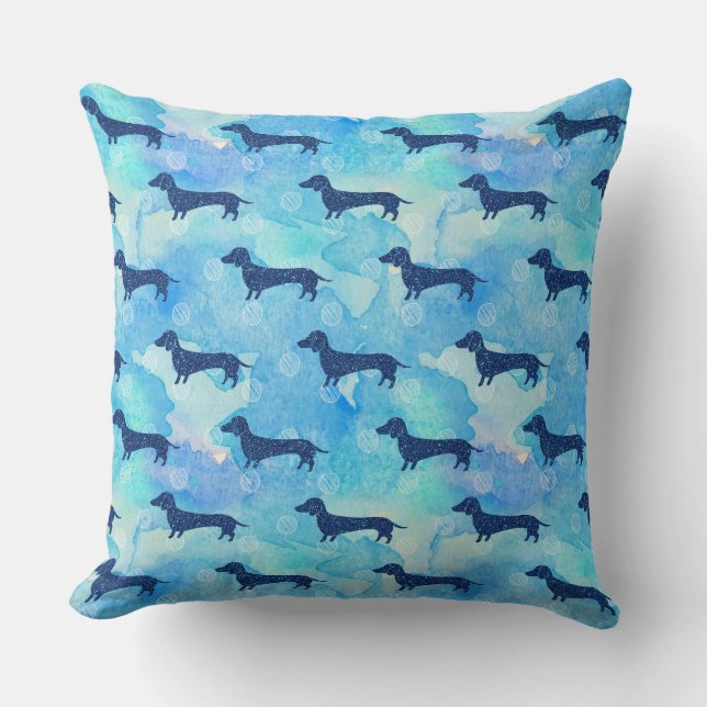 Blue Glitter Watercolor Dachshund Pattern Cushion (Front)