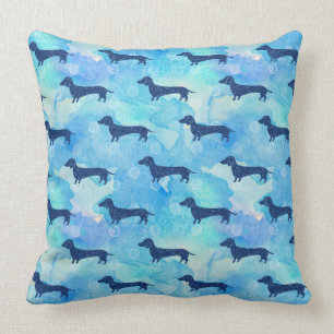 Blue Glitter Watercolor Dachshund Pattern Cushion