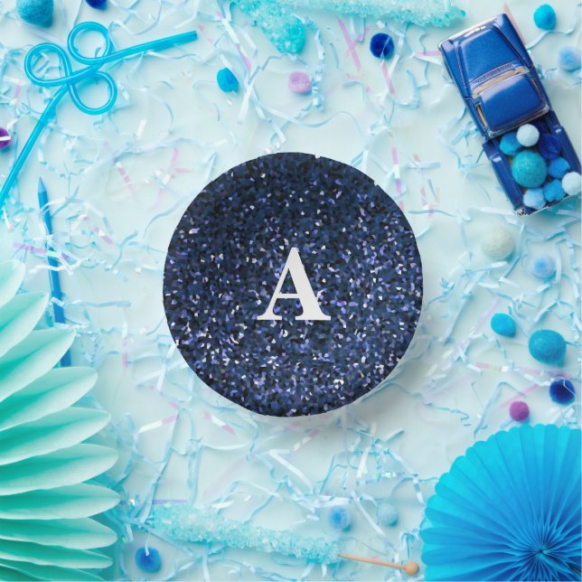 Blue Glitter White Monogram Initial Custom Name Paper Plate (Party)