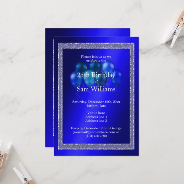 Blue Glitters & Birthday Balloons Invitation (Front/Back In Situ)