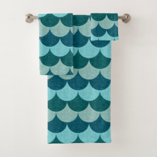 Blue Glittery Mermaid Scales Pattern Bath Towel Set