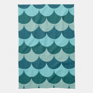 Blue Glittery Mermaid Scales Pattern Tea Towel