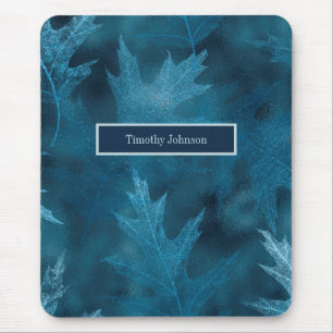 Blue Glittery Oak Leaves Mouse Pad