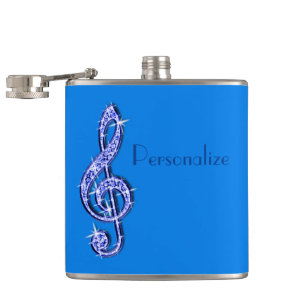 Blue Glitzy Sparkly Music Notes Hip Flask