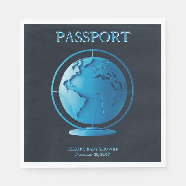 Blue Globe Passport Travel Baby Shower Napkin (Front)